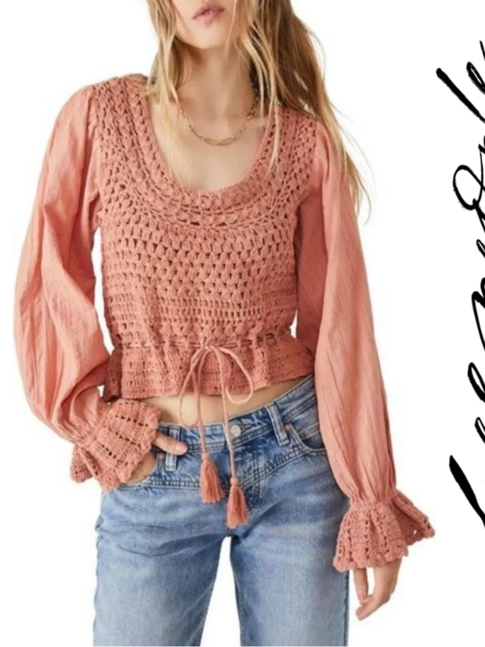 Free People Crochet Feminine Long Sleeve Top Boho Puff Sleeve Vintage